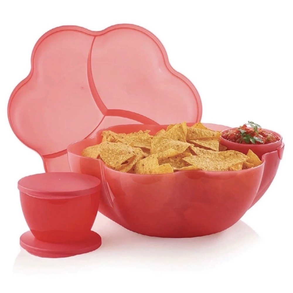 Tupperware‎ Chip & Dip/Salad & Veggie Set Red 5L Flower Bowl, Divided Tray- NEW!